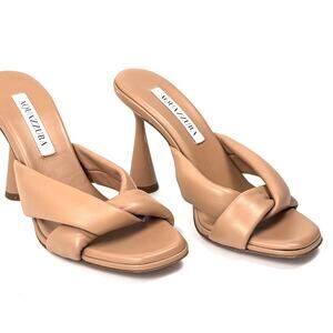 Aquazzura Twist Double Strap Mule Tan Leather Square Toe Heels Mismatched Size